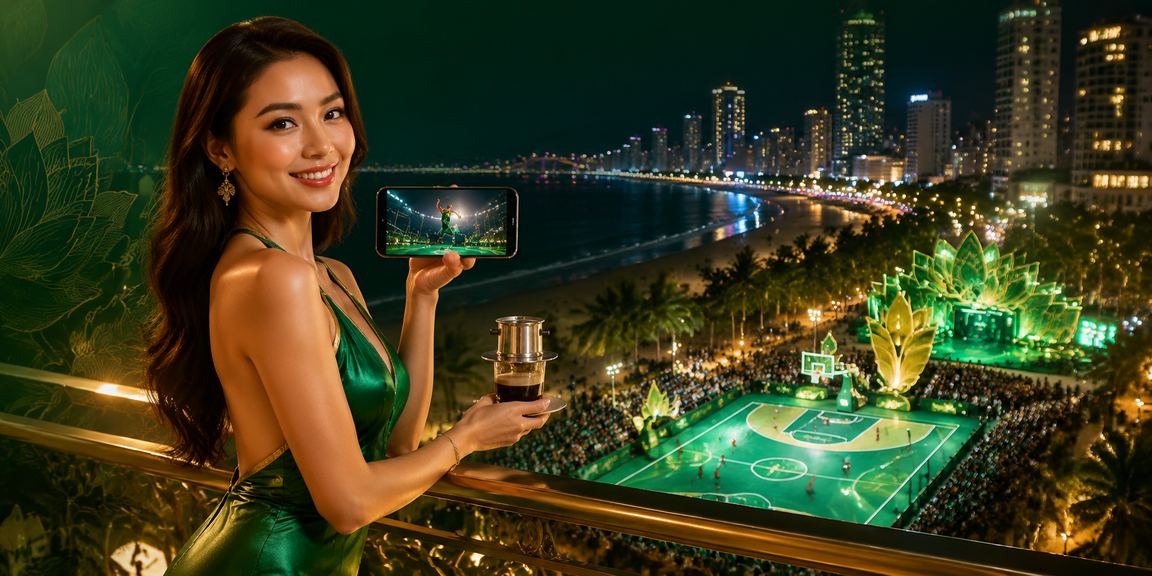 Người dùng tại quán cà phê Đà Nẵng xem kèo bóng rổ và kiểm tra tài khoản thanh toán trên điện thoại