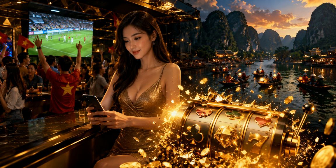 Người dùng Ninh Bình ngồi thư giãn chơi slot game trên điện thoại trong không gian xanh mát